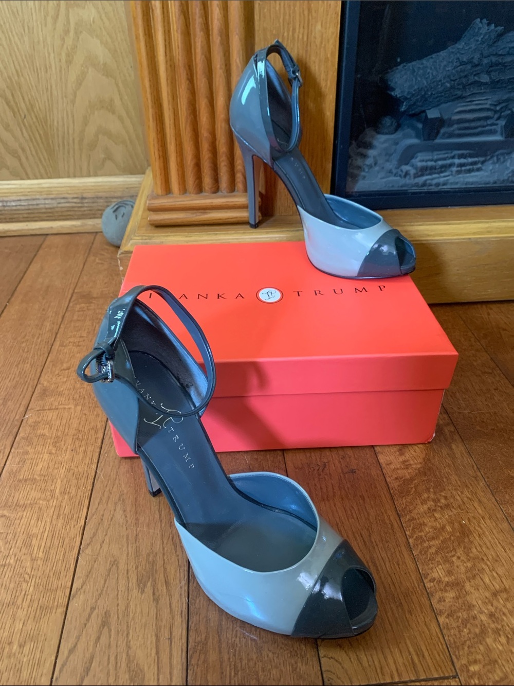 Ivanka Trump Two-Tone Gray and Black Peep Toe Ankle Strap Heels